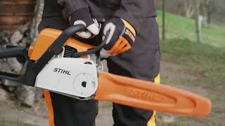 How to start a STIHL MS 180 C BE Chainsaw between the knees [upl. by Nived]