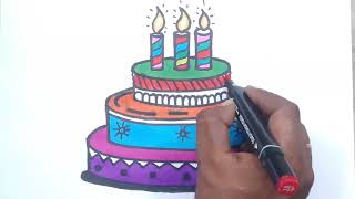 Happy Birthday Cake Drawing for Kids  Easy Beautiful Cake Coloring drawing [upl. by Kho]