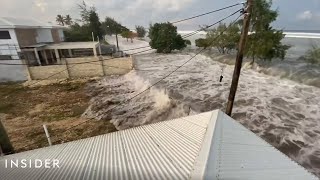 Watch Tsunami Hit Tongas Coast After Underwater Volcano Erupts [upl. by Adnoval]