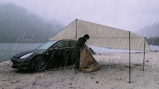 Tesla Car Camping in Heavy Rain and Windstorm  Hot Tent Wood Stove [upl. by Delmore860]