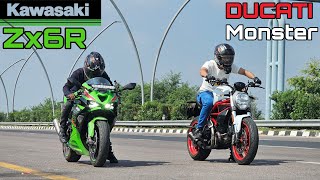 Ducati Monster 797 vs Kawasaki Ninja Zx6R  Drag Race  L twin vs Inline 4 [upl. by Leggett]