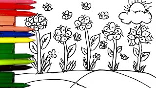 Learn How to Draw Flower Garden for Kids Toddlers। Drawing Colouring and Painting Flower Garden [upl. by Spracklen]