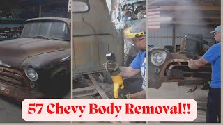 57 Chevy Truck Removing the body from the frame [upl. by Enyad]