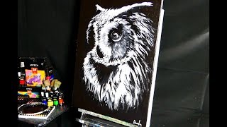 OWL  FAN BRUSH PAINTING TECHNIQUE  BLACK AND WHITE ACRYLICS  DRANITSIN [upl. by Faus]