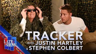 “Tracker” Star Justin Hartley Helps Stephen Colbert Recover His Lost Mug [upl. by Aitnauq]