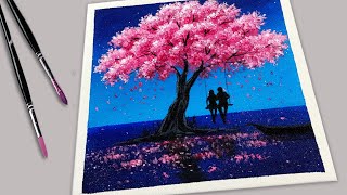 Easy Acrylic Painting  Swab Art  Couple in Love under Cherry Blossom Tree [upl. by Bigford]