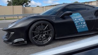 Ferrari 488 Pista with tune and downpipes vs Aventador SVJ with downpipes [upl. by Fair]