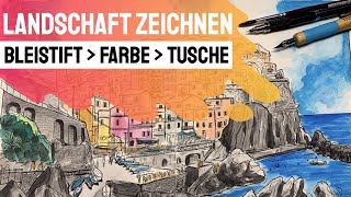 LANDSCHAFT ZEICHNEN ➤ Bleistift Farbe amp Tusche  Komplette Übung zum Mitmachen [upl. by Ainej439]