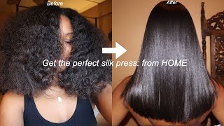 HOW TO SILK PRESS YOUR NATURAL HAIR AT HOME  FROM CURLY TO BONE STRAIGHT [upl. by Porush]