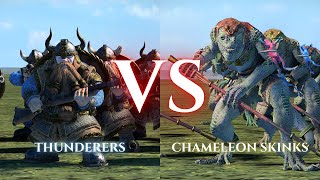 WARHAMMER III Total War  Thunderers VS Chameleon Skinks [upl. by Noslen]