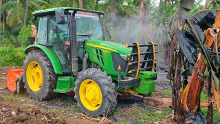 John Deere 5075E AC cabin tractor PTO performance and mileage🤔  Banana mulching  Shaktiman tusker [upl. by Aynam]