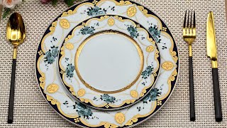 New design 9999 pure gold embossed craft dark blue porcelain dinnerware set  Karosa [upl. by Konstanze290]