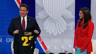 Ron DeSantis mocks Nikki Haleys Caitlin Clark flub by giving CNN anchor her jersey [upl. by Adelaja821]