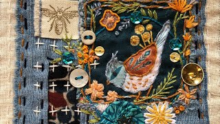 Beautiful slow stitch bird flower and foliage stitcheryswap square from Annie artyfartyannie [upl. by Palecek]