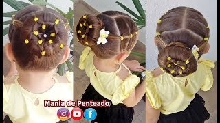 Penteado Infantil com Coque em Flor de Liguinhas  Bun Flower Hairstyle for Little Girls [upl. by Hy]