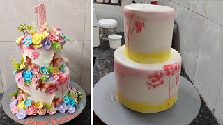 Two Step Fondant Cake Recipe With Flowers DesignTwo Step 1st Birthday Cake Girl Birthday Cake [upl. by Aiuoqes]