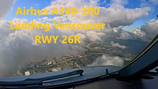 Airbus A340300 landing Vancouver YVR runway 26R  pilots view 4K [upl. by Daley]