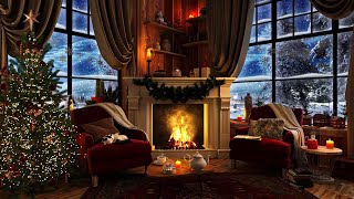 Christmas Cabin Ambience  Crackling Fireplace with Snowstorm  3 Hours [upl. by Aznola]