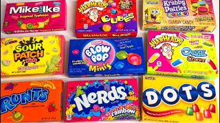 Filling Cups With Candy  Unboxing Candies Nerds Warheads Dots Sour Patch kids Runts Blow POP Minis [upl. by Sonafets182]