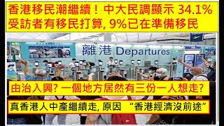 中國民心香港民心 20241113 由治入興 一個地方居然有三份一人想走 中大民調顯示 341受訪者有移民打算 9已在準備移民 真香港人中產繼續走 原因 “香港經濟沒前途” [upl. by Budde418]