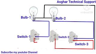 3 way switch multiple lights diagram  Turn on and off two bulbs from three places [upl. by Amitie]