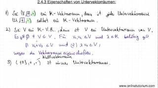 Eigenschaften von Untervektorräume  Mathematik Video Übung [upl. by Landre]