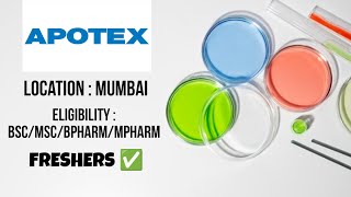 Apotex ☣️ hiring Freshers 🔥  Mumbai jobs  Bsc Msc Bpharm jobs  Lifescience Biotech Chemistry jobs [upl. by Alroy159]