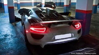 Three Porsche 918 Spyder in a Hotel  Awesome SOUND [upl. by Anileuqcaj389]