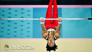 Japans Shinnosuke Oka rises on high bar for third gold medal of the Paris Olympics  NBC Sports [upl. by Lebazej]