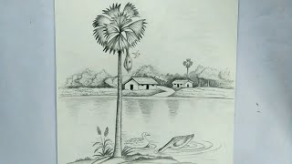 how to draw a village scenery  palmyra palm tree drawing [upl. by Ynej]