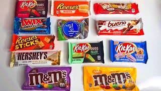 ASMR CHOCOLATE CANDY BARS UNWRAPPING MampMs HERSHEYS TWIX KIT KAT REESES STICKS KINDER BUENO [upl. by Aitnahs]