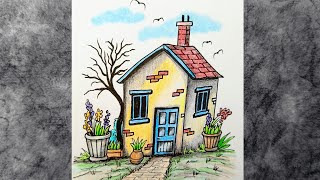 Landscape Scenery Drawing  Pencil Drawing Village  Colored Pencils and Ink Pencil Sketch Tutorial [upl. by Shaia999]