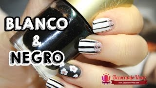 Uñas decoradas con lineas y flores en blanco y negro [upl. by Nyrehtac]