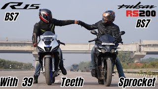 Bajaj Pulsar RS200 BS7 with 39 Teeth Sprocket vs Yamaha R15M 2024 Drag Race [upl. by Uthrop]