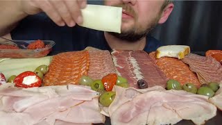 ASMR Eating CURED MEAT Platter  SALAMI  SMOKED HAM  PORK LOIN  CHORIZO  CHEESE  OLIVES MUKBANG [upl. by Asseneg]