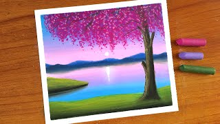 Oil Pastel Spring Scenery Painting for beginners  Oil Pastel Drawing Cherry Blossom [upl. by Aikemahs]