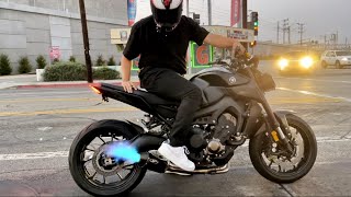 Motorcycle sounds  Naked Bike  Yamaha 2023 MT09 sound  M4 Exhaust  Shoots Flames 🔥 [upl. by Yrnehnhoj]