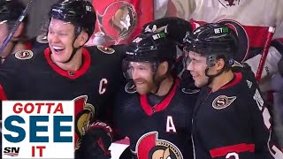 GOTTA SEE IT Senators Clear Bench After Claude Giroux Notches Assist For 1000th Career Point [upl. by Colfin]