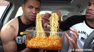 EXTREME SPICY CHEESE RAMEN NOODLE CHALLENGE  MUKBANG hodgetwins [upl. by Nahshon]