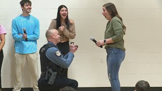 Chesterfield officer proposes to teacher at school assembly [upl. by Nennerb]