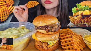 ASMR FAST FOOD  EATING CHICKEN BURGER MAC AND CHEESE PASTA MUKBANGviralvideo [upl. by Letnom]