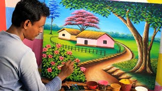 beautiful village scenery painting  nature drawing painting [upl. by Elocan]