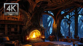 Inside the Enchanted Forest Treehouse Winter Ambience w Wind Blowing Falling Snow Crackling Fire [upl. by Htabmas667]