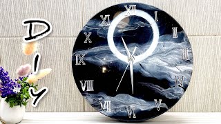 Epoxy resin clock 30 cm Black with silver Resin Art [upl. by Aderfla]