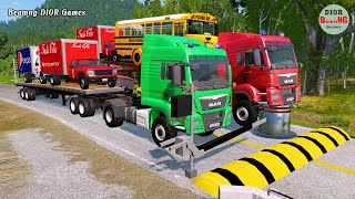 Double Flatbed Trailer Truck cars vs rails tractor vs train cars vs bollards Beamng Drive 343 [upl. by Follmer]