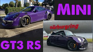 MINI COOPER TURBO PUSHING A PORSCHE GT3 RS ROUND THE NURBURGRING PASSING mgcharoudin in the EVO [upl. by Akirderf]