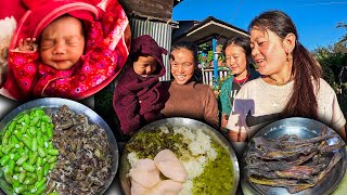 Buff Dry meat and green beans mix recipe with rice in Village रागाको सिकुटी र हरियो सिमी को तरकारी [upl. by Zackariah]