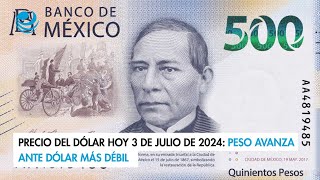 Precio del dólar hoy 3 de julio de 2024 Peso avanza ante dólar más débil [upl. by Atelokin]