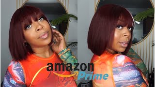 AMAZON WIG INSTALL  RED FRINGE BANG BOB WIG  NO CUSTOMIZING NEEDED  YASGRL HAIR [upl. by Nahtanoy269]