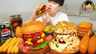 ASMR MUKBANG 직접 만든 치즈 햄버거 치즈스틱 핫도그 양념 치킨먹방 amp 레시피 FIRE NOODLES AND BURGER EATING SOUND [upl. by Macdonell]